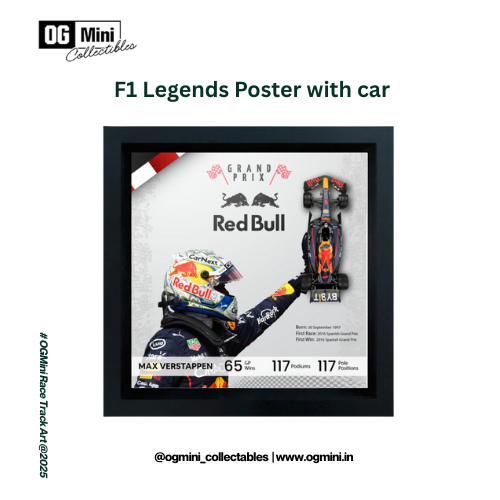 F1 Legends Poster with Red Bull car and driver's helmet, framed by OG Mini Collectables.