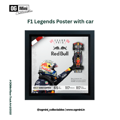 F1 Legends Poster with Red Bull car and driver's helmet, framed by OG Mini Collectables.